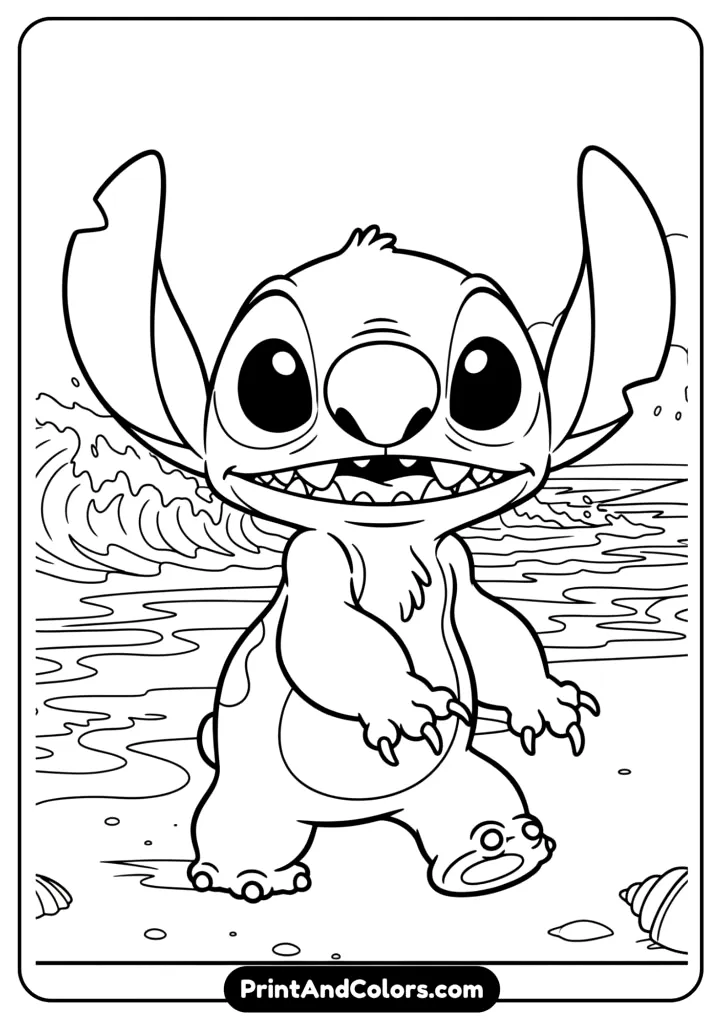 Stitch walking along the beach with seashells and waves behind him