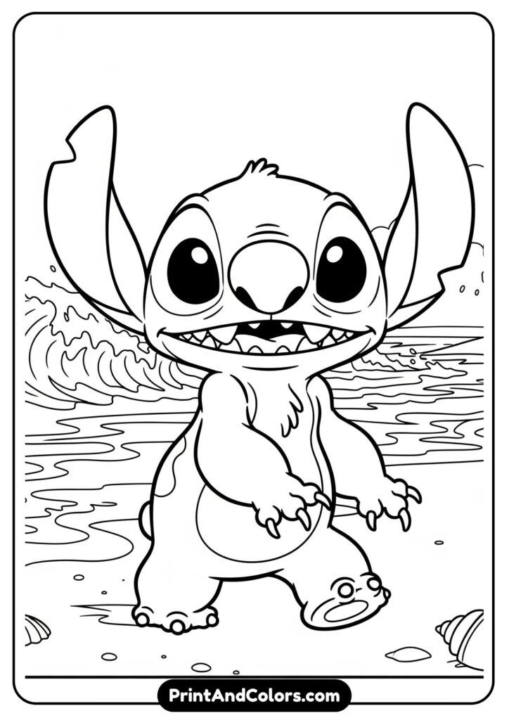 Stitch walking along the beach with seashells and waves behind him