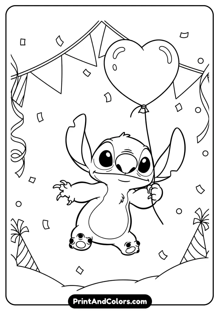 A festive scene with Stitch holding a helium balloon shaped like a heart while floating slightly off the ground