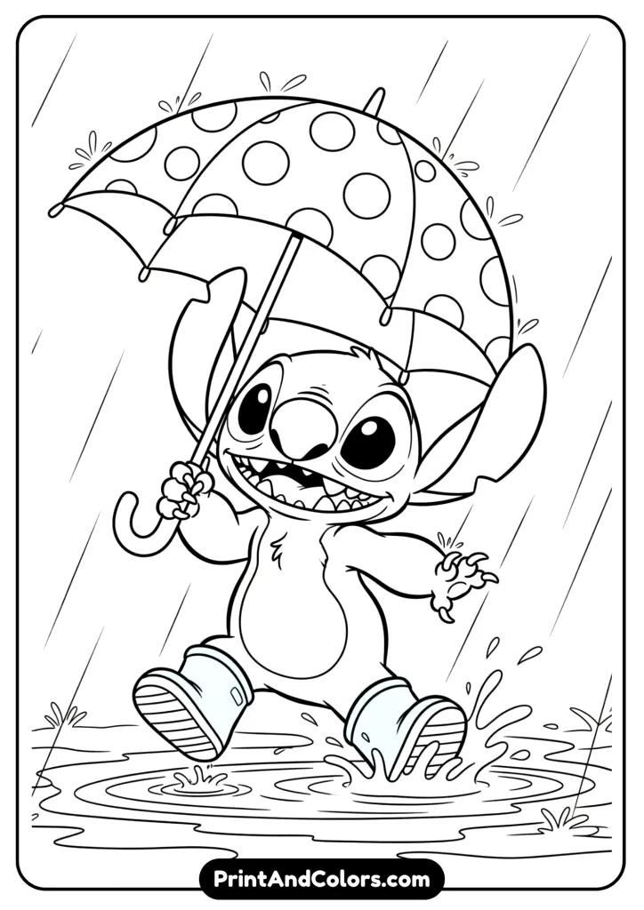 Stitch walking through a gentle rain holding a big polka-dot umbrella, wearing rain boots, and jumping in puddles