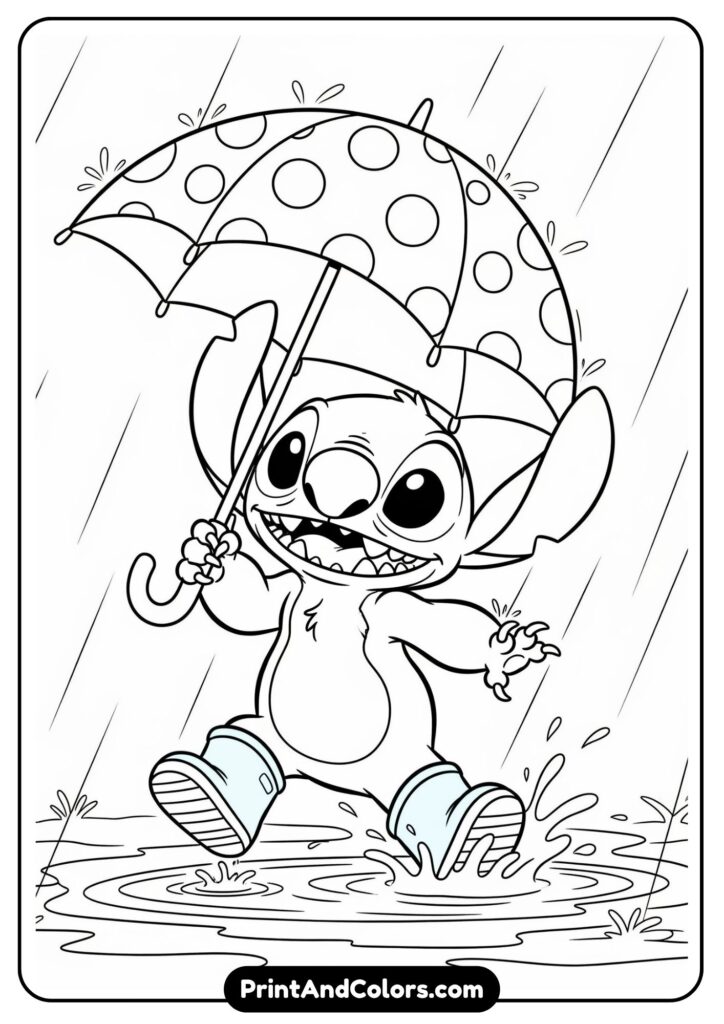 Stitch walking through a gentle rain holding a big polka-dot umbrella, wearing rain boots, and jumping in puddles
