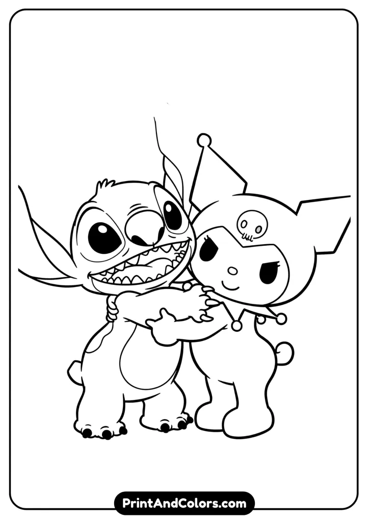 Stitch giving Kuromi a big hug, smiling faces, cute line art outlines for coloring.