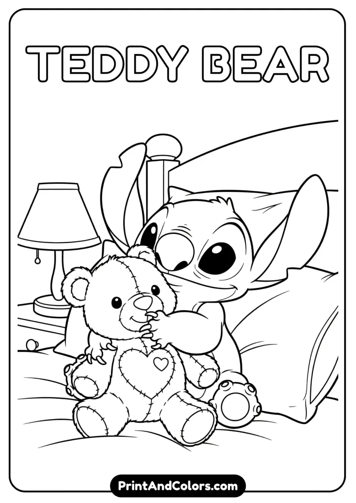Stitch lovingly hugging a fluffy teddy bear with a stitched heart, sitting on a bed with pillows and a night lamp