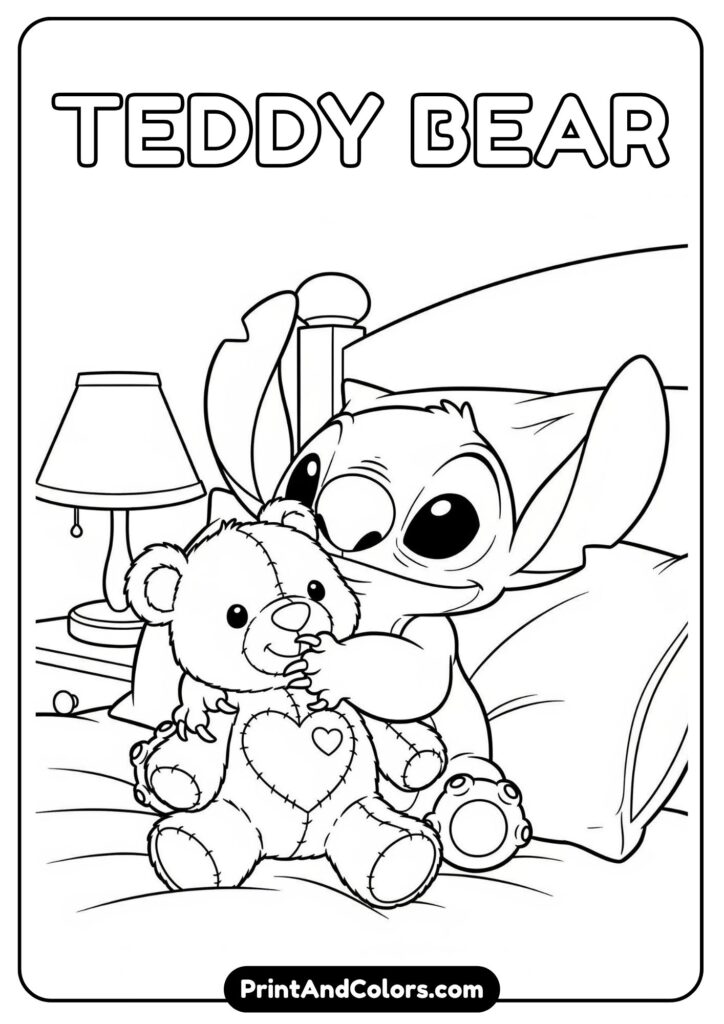 Stitch lovingly hugging a fluffy teddy bear with a stitched heart, sitting on a bed with pillows and a night lamp