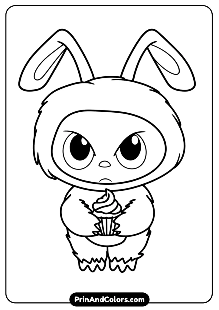 Fun crossover black and white drawing of Labubu dressed like Stitch, with big ears and cute expression.