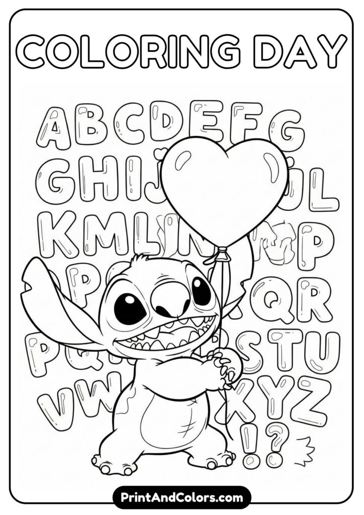 Stitch holding a heart balloon, surrounded by the Alphabets word in bubble letters