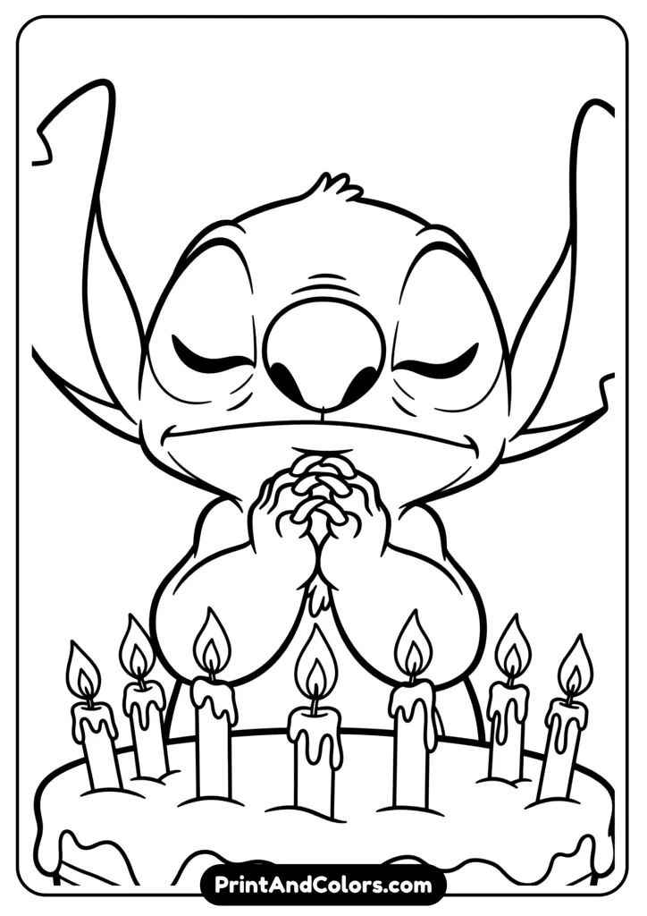 Stitch with his eyes closed and hands together, making a birthday wish over a cake with glowing candles