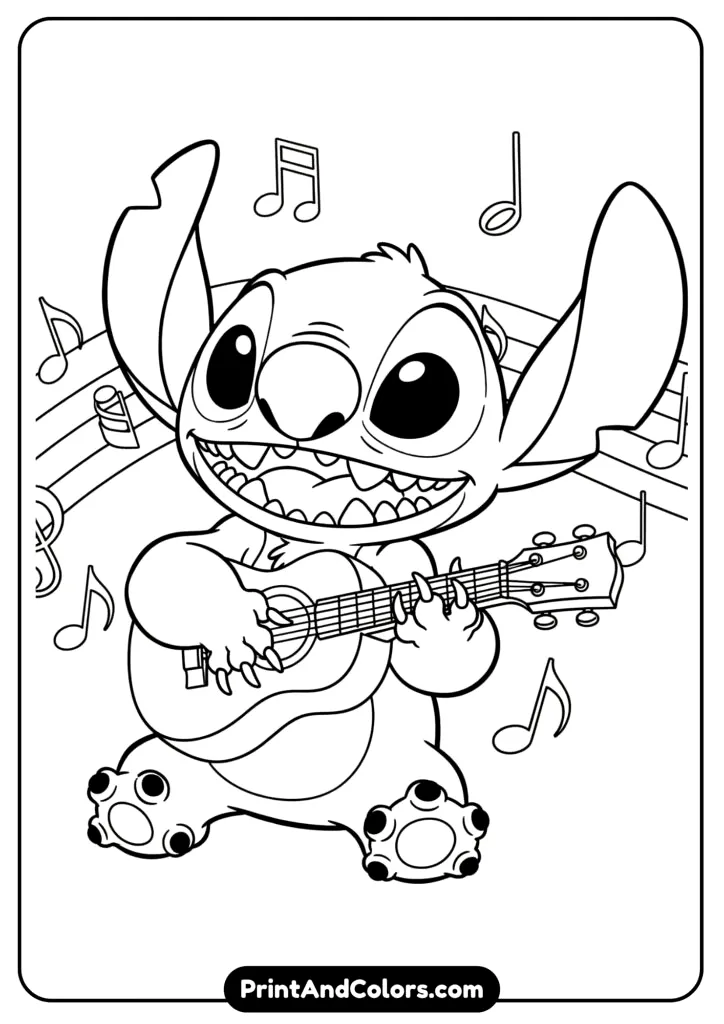 Stitch playing a small ukulele with musical notes floating around
