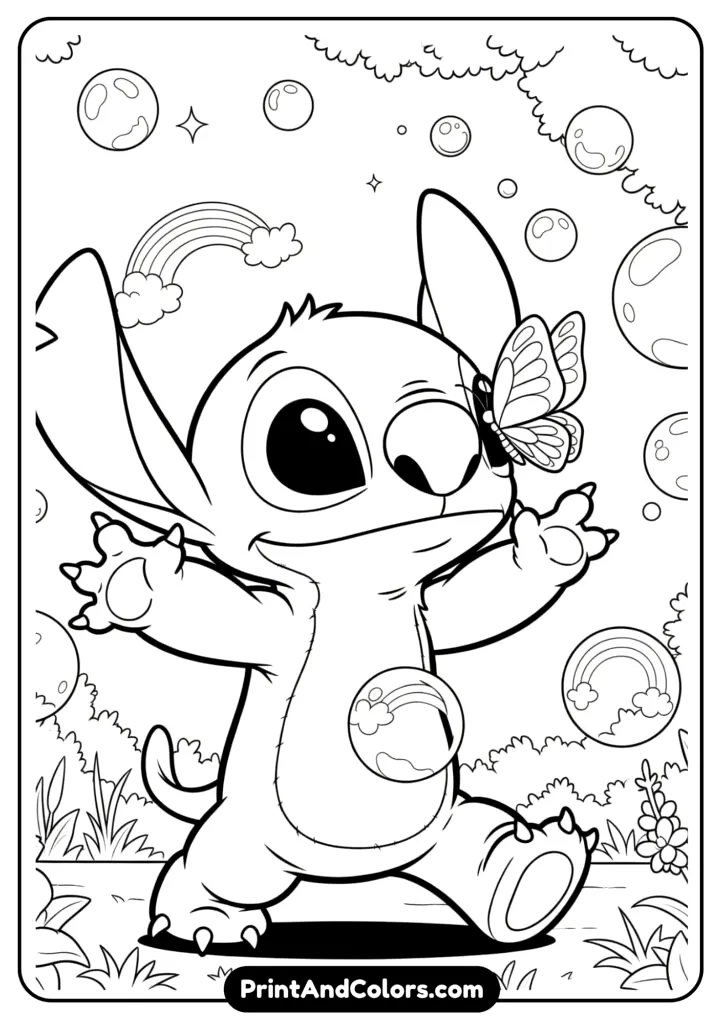 Stitch chasing soap bubbles around a garden, some bubbles reflecting mini rainbows, and a butterfly on his nose