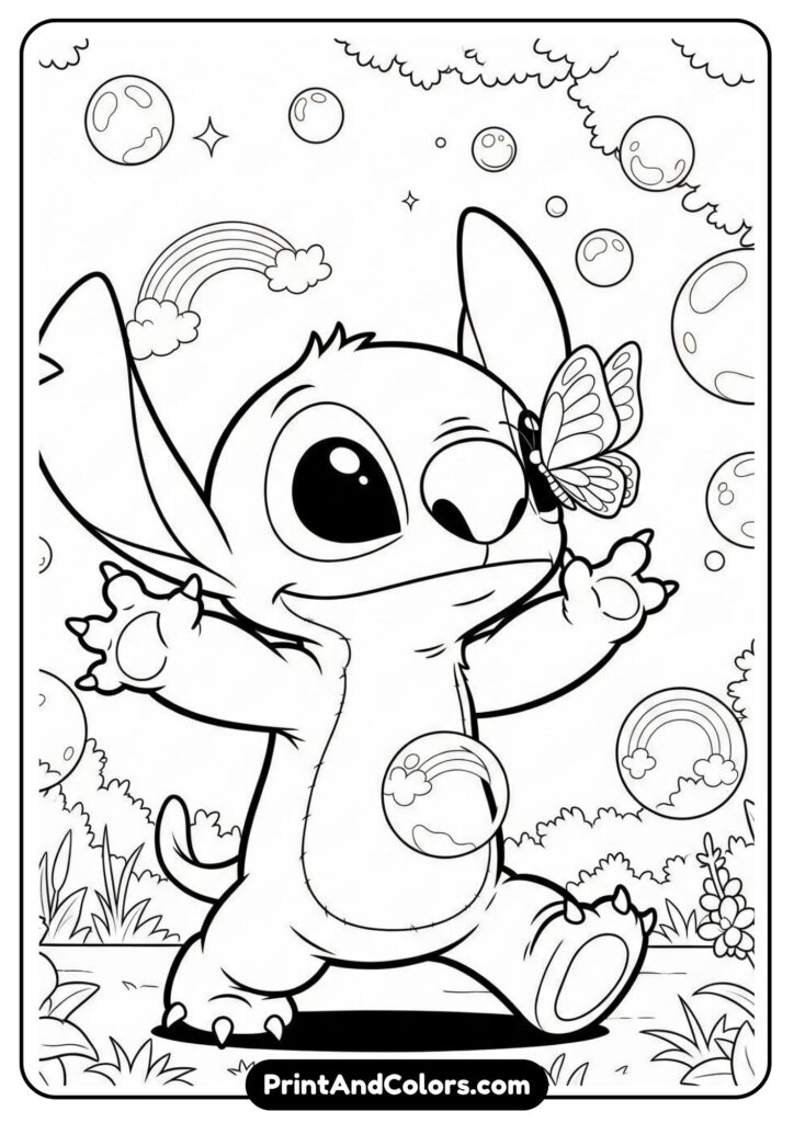 Stitch chasing soap bubbles around a garden, some bubbles reflecting mini rainbows, and a butterfly on his nose