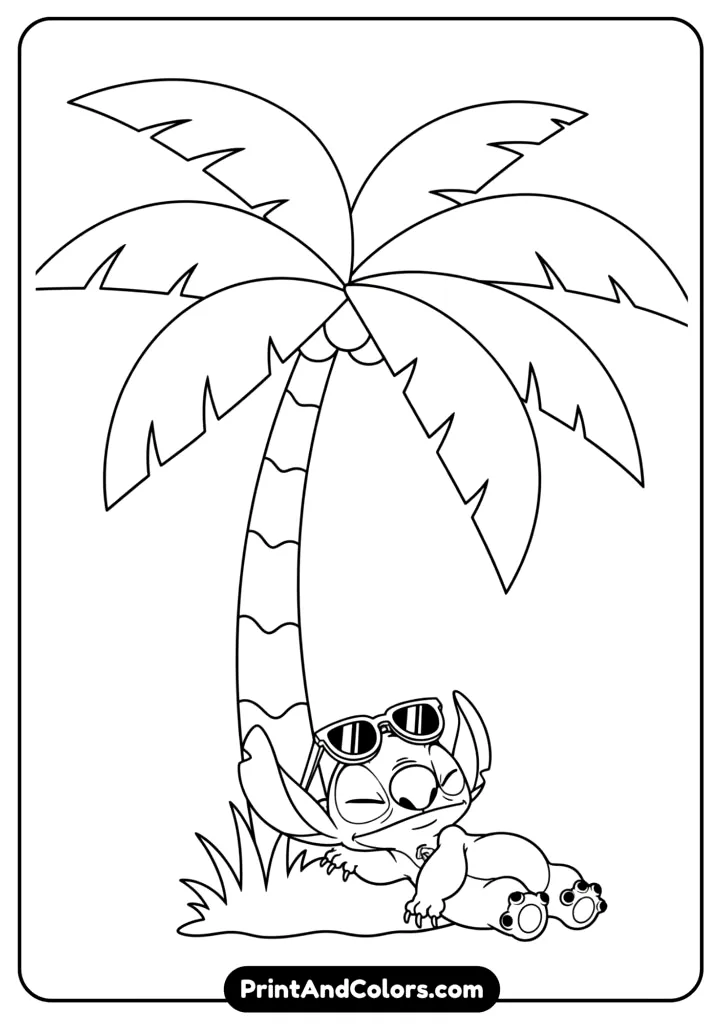 Stitch napping under a large palm tree with sunglasses on