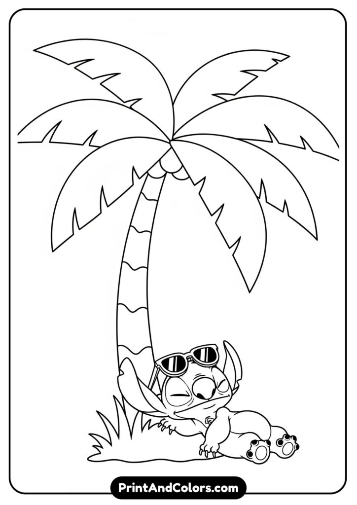 Stitch napping under a large palm tree with sunglasses on