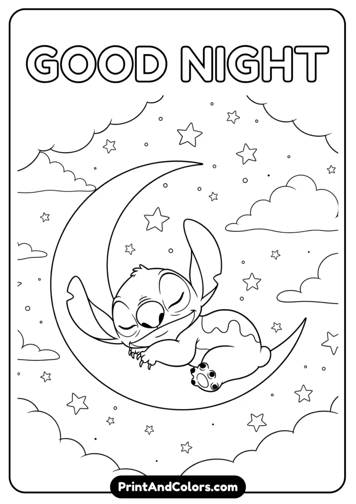Peaceful image of Stitch curled up and sleeping on a crescent moon, surrounded by stars and soft clouds