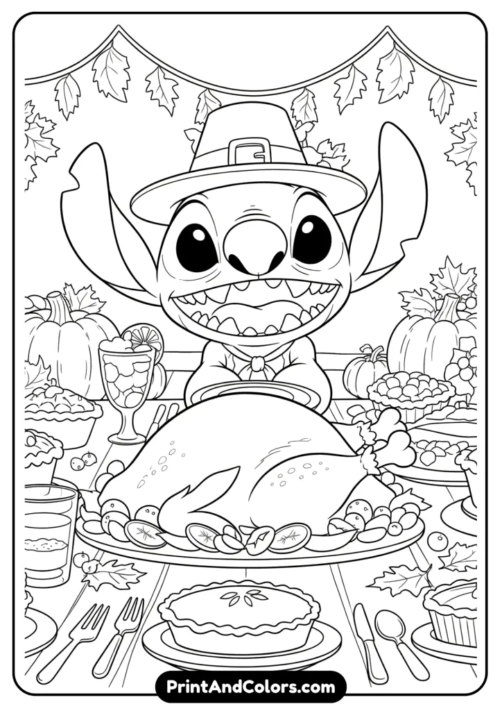 Stitch at a big dinner table with turkey, pies, and fall decorations, wearing a pilgrim hat and smiling wide
