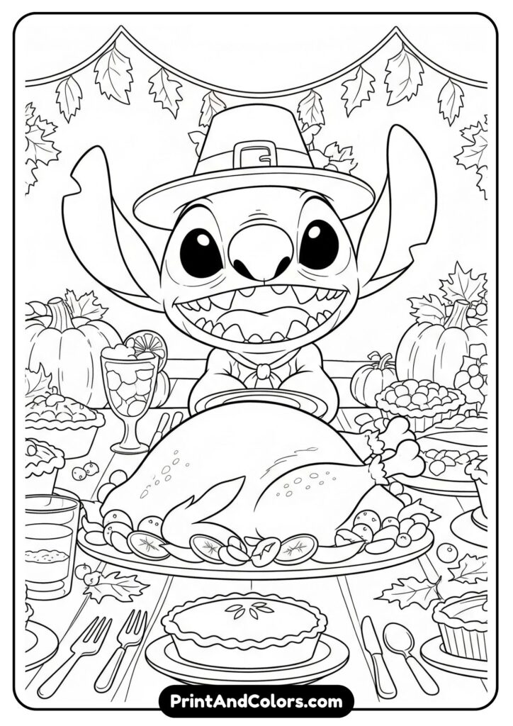 Stitch at a big dinner table with turkey, pies, and fall decorations, wearing a pilgrim hat and smiling wide