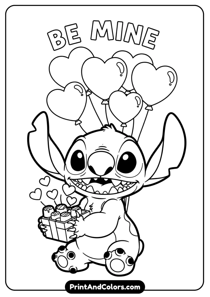 Stitch holding a box of chocolates with heart balloons floating behind him and “Be Mine” written above