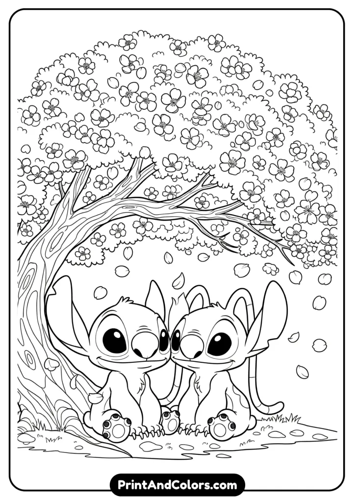 Stitch and Angel sitting under a sakura tree with flower petals falling around them, both smiling sweetly