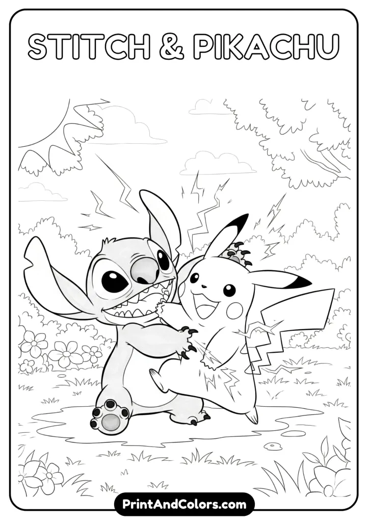 Crossover fan art of Stitch and Pikachu playing together in a sunny park, laughing with electric sparks and energetic vibes