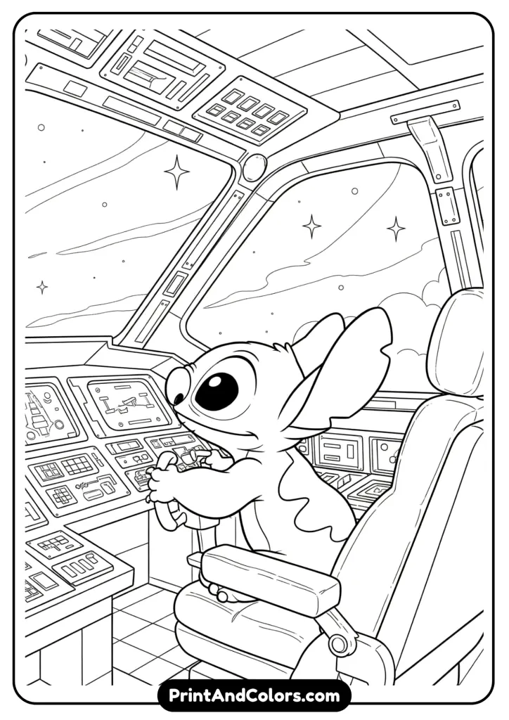 Stitch piloting a high-tech alien spaceship with glowing buttons, screens, and galactic stars outside the cockpit window