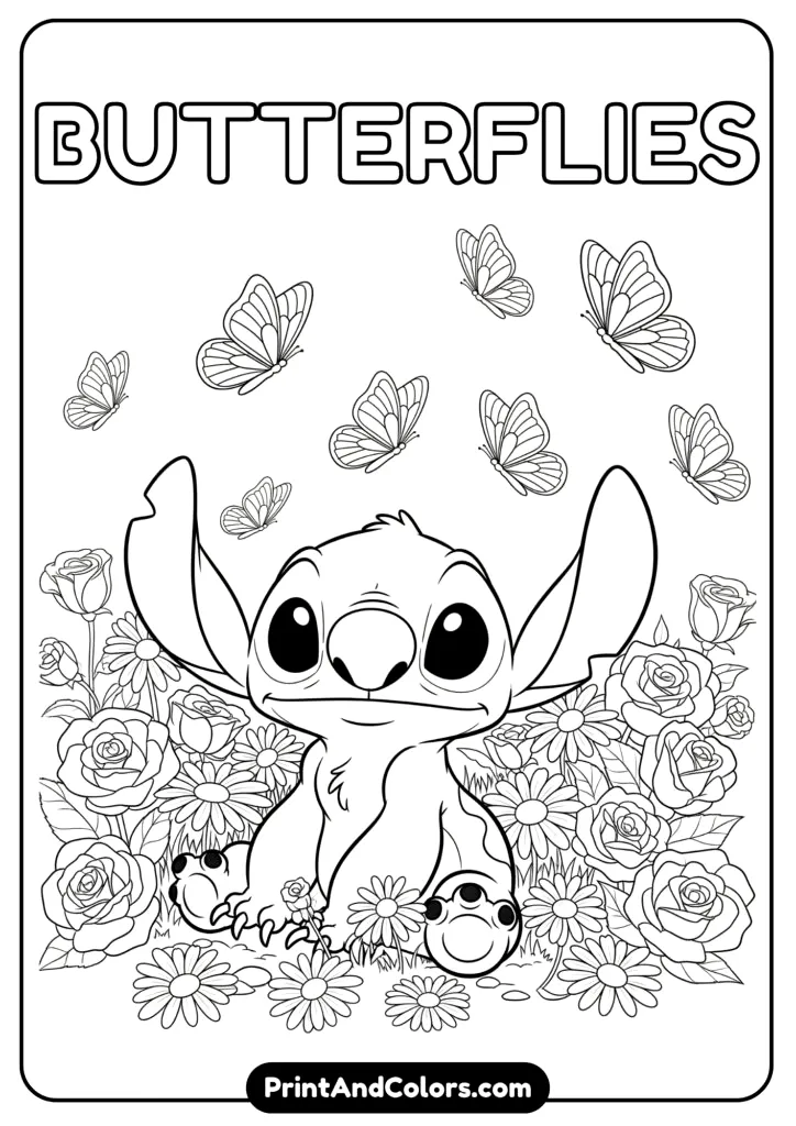 Stitch sitting peacefully in a garden surrounded by butterflies and flowers