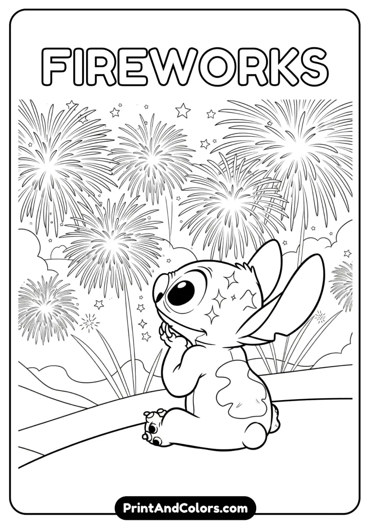 Stitch watching a fireworks show at night, sitting on a hill with glowing lights in the sky and sparkles on his face