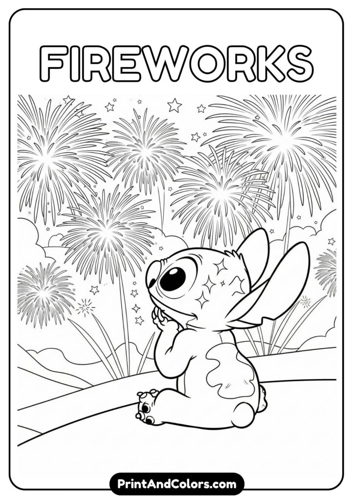 Stitch watching a fireworks show at night, sitting on a hill with glowing lights in the sky and sparkles on his face