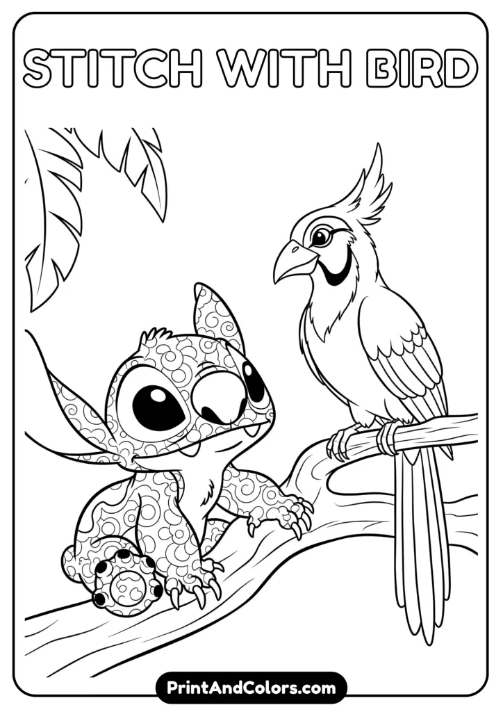 Stitch sitting beside a colorful tropical bird perched on a branch