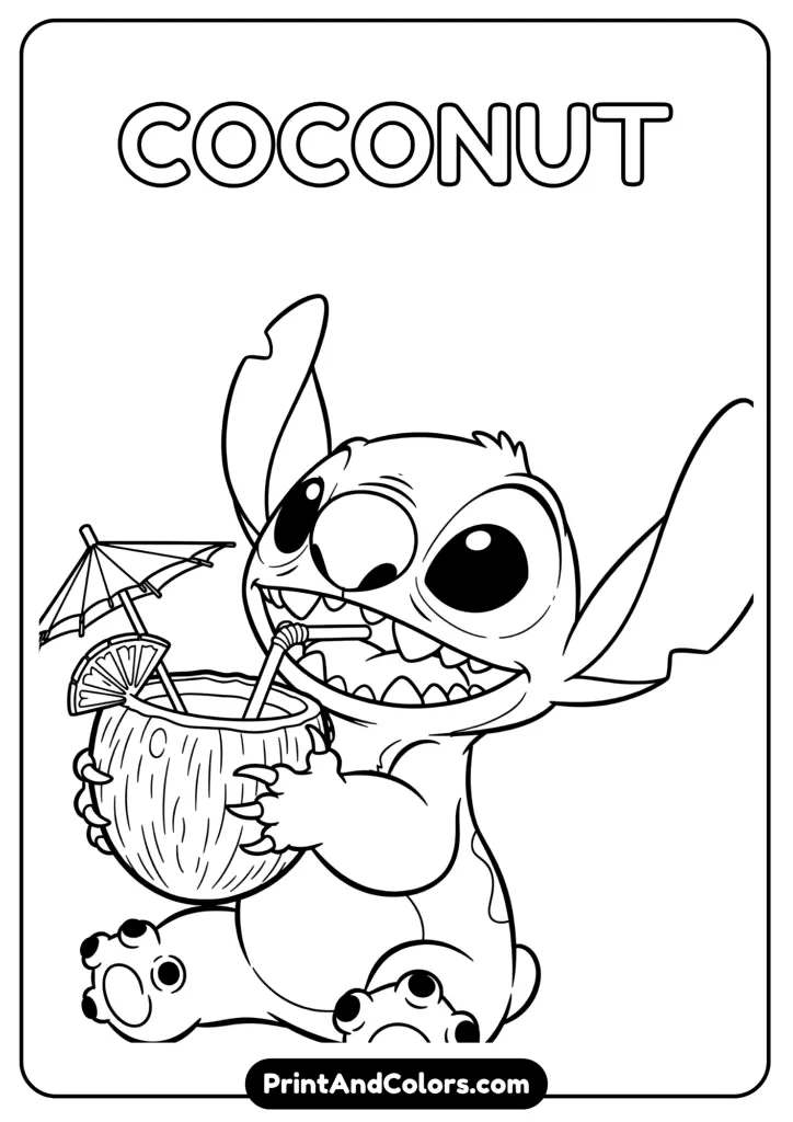 Stitch sipping a tropical drink from a coconut with a mini umbrella