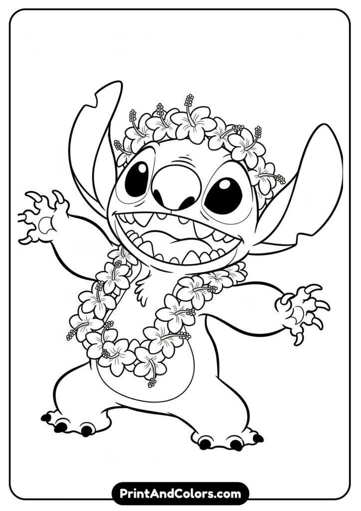 Stitch wearing a Hawaiian flower lei and dancing happily