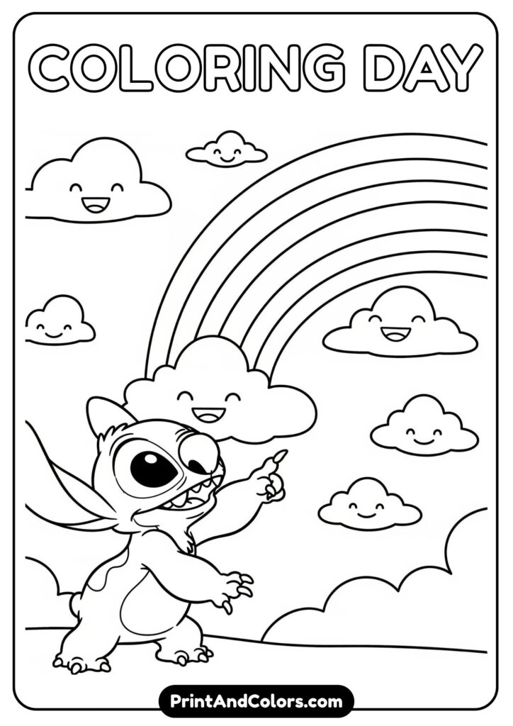 Stitch pointing at a rainbow in the sky with happy clouds around