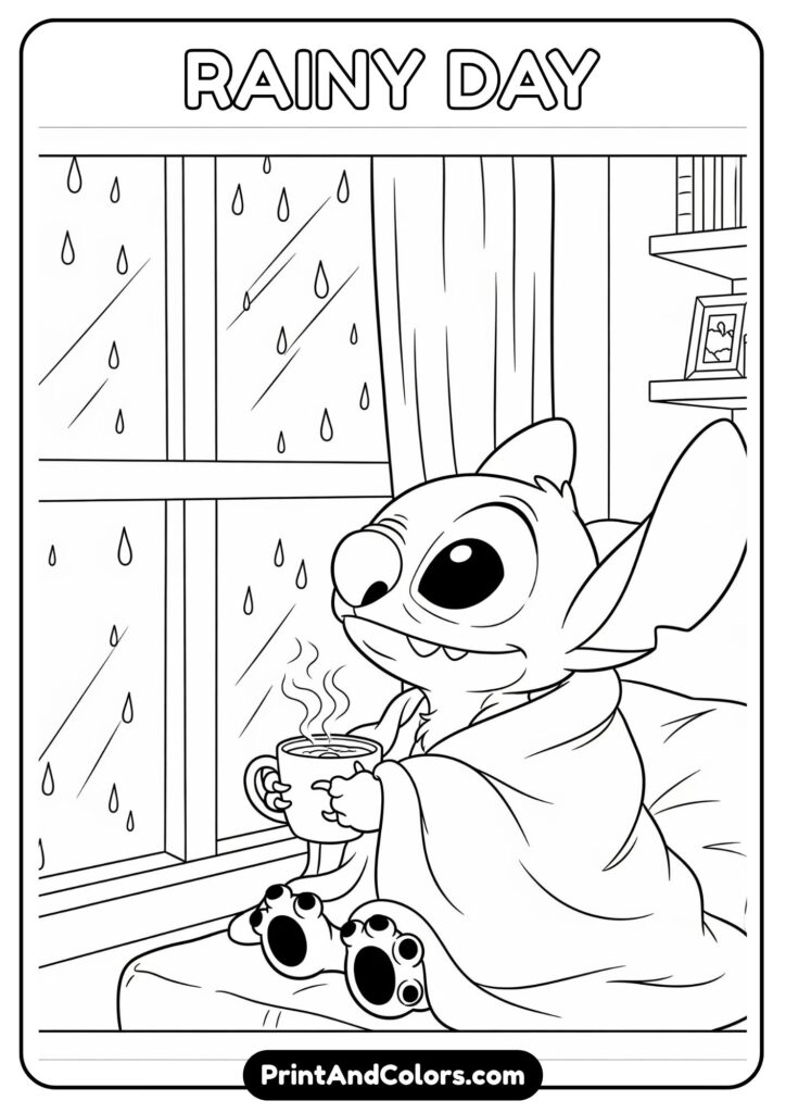 A cozy indoor scene with Stitch sitting by the window, watching raindrops fall outside while holding a cup of hot cocoa, wrapped in a soft blanket