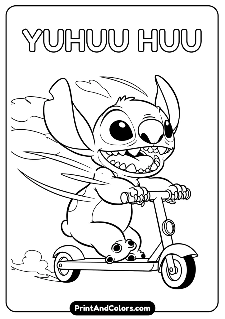 Stitch riding a scooter with wind in his ears and a playful grin