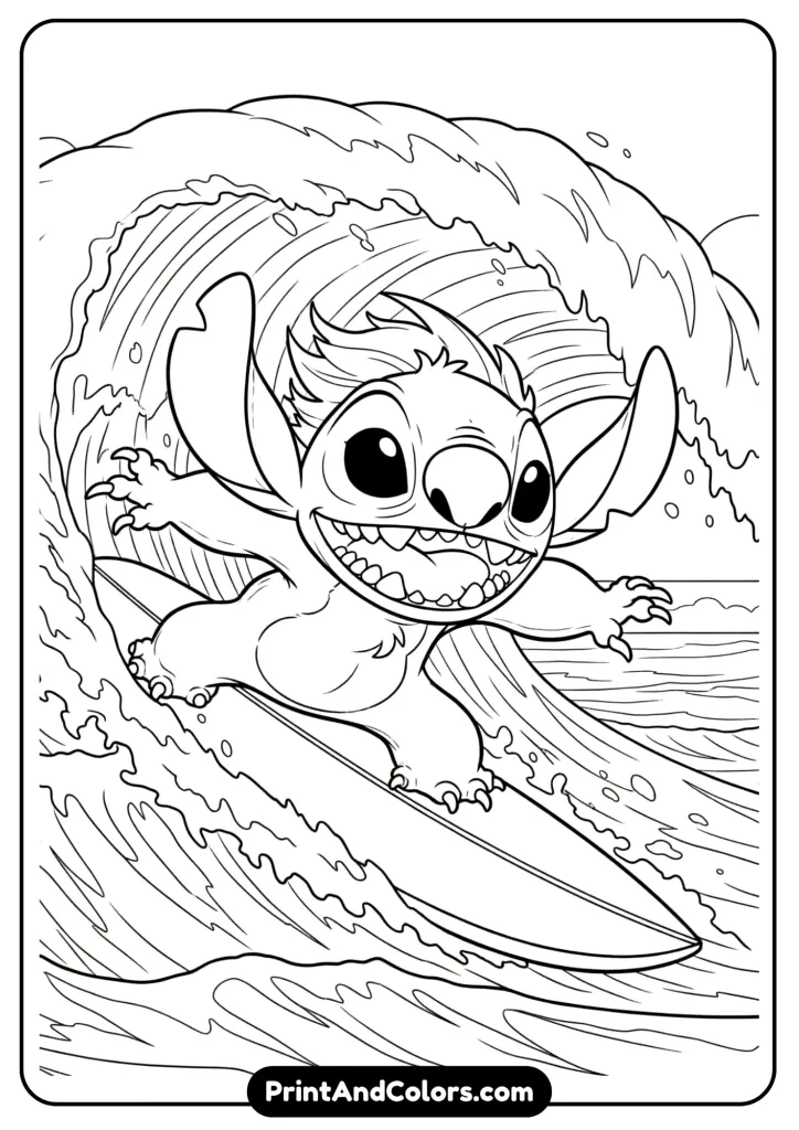 Action scene of Stitch surfing a big wave with excitement