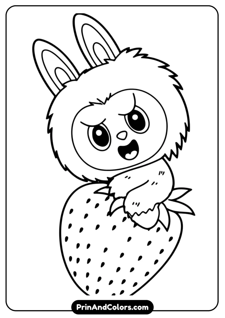 Labubu riding a giant strawberry with leaves and flowers around, black and white cartoon outline for kids to color