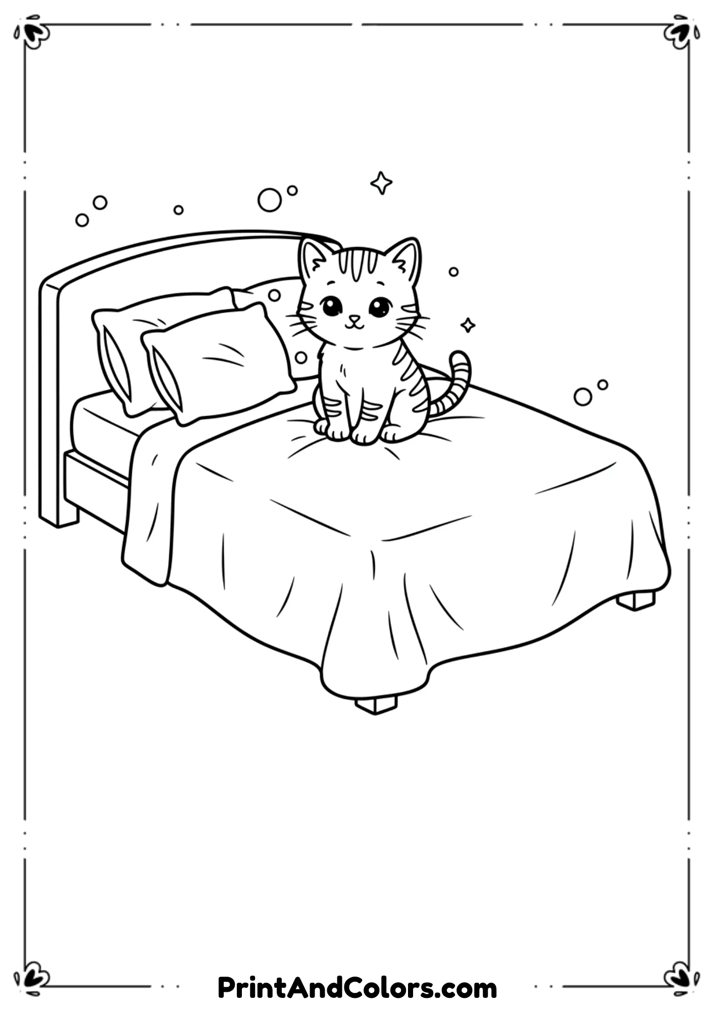 A striped kitten sitting on a cozy bed, pillows and blanket visible, simple line drawing suitable for kids.
