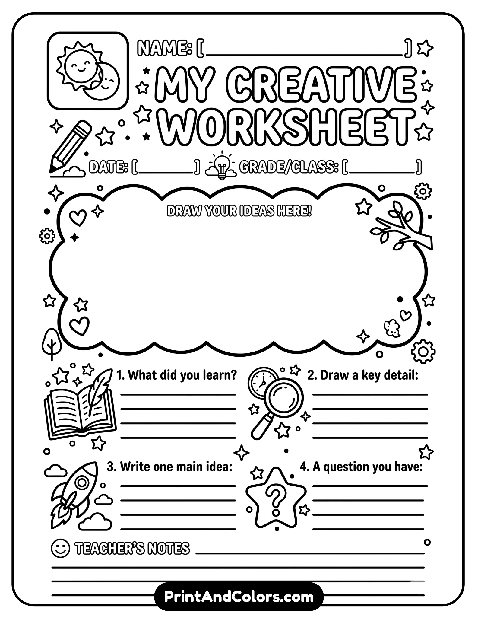 general student worksheet with clean black-and-white icons, writing lines, and a central drawing area. Suitable for classroom use across grade levels. Bold outlines, no shading
