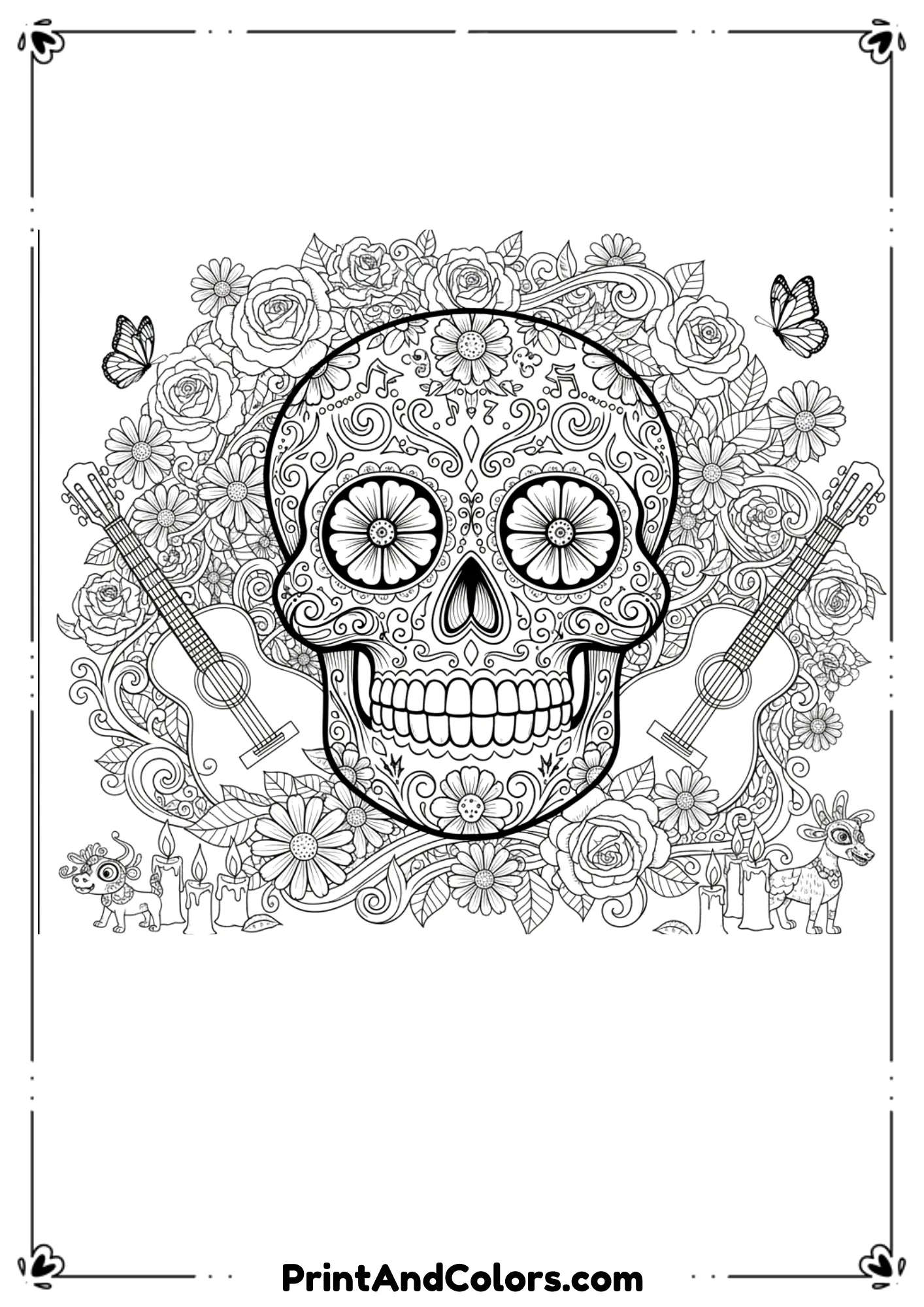 Detailed black and white line art sugar skull inspired by Coco’s Día de los Muertos theme, with floral patterns, coloring page outline