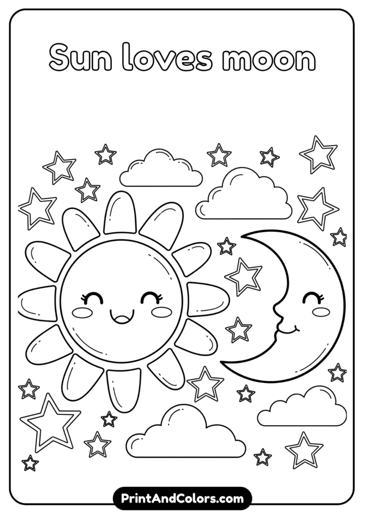 Black and white kawaii sun and moon with smiling faces, surrounded by clouds and stars, bold outlines