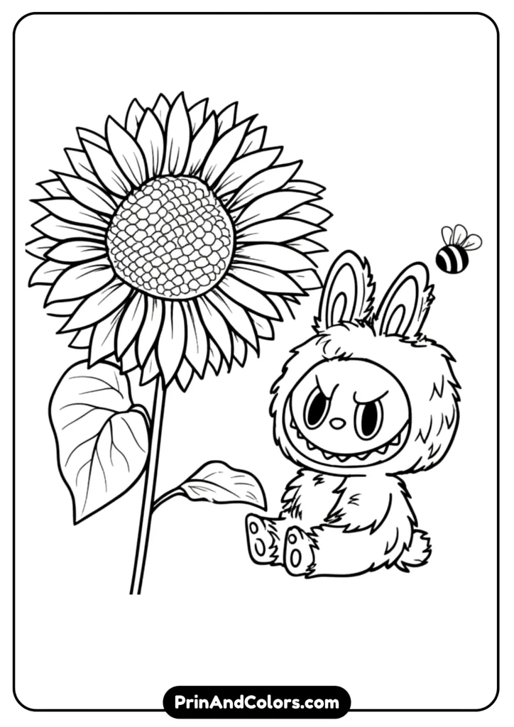 Line drawing of Labubu holding a big sunflower with a bee flying around, cheerful theme.