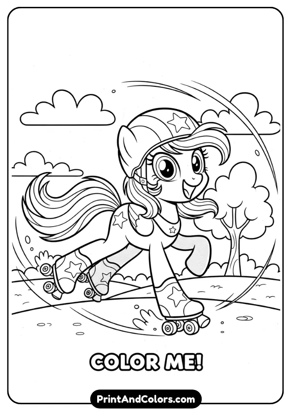 Illustrate a black and white coloring page of Sunny Starscout roller skating with happy expression and motion lines. Simple outdoor background, thick outlines, no shading, printable coloring page.