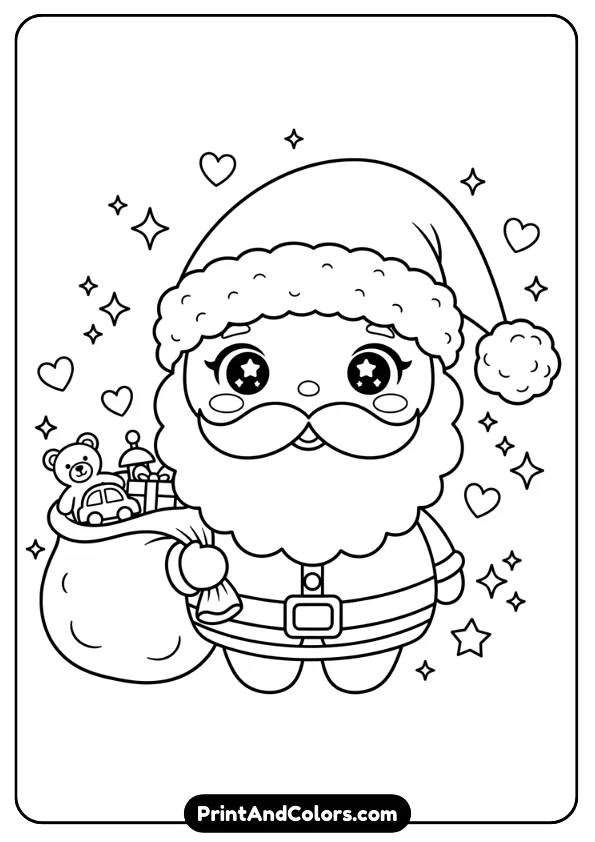 Kawaii Santa with oversized head, tiny body, sparkly eyes, and simple shapes. Add hearts, sparkles, stars