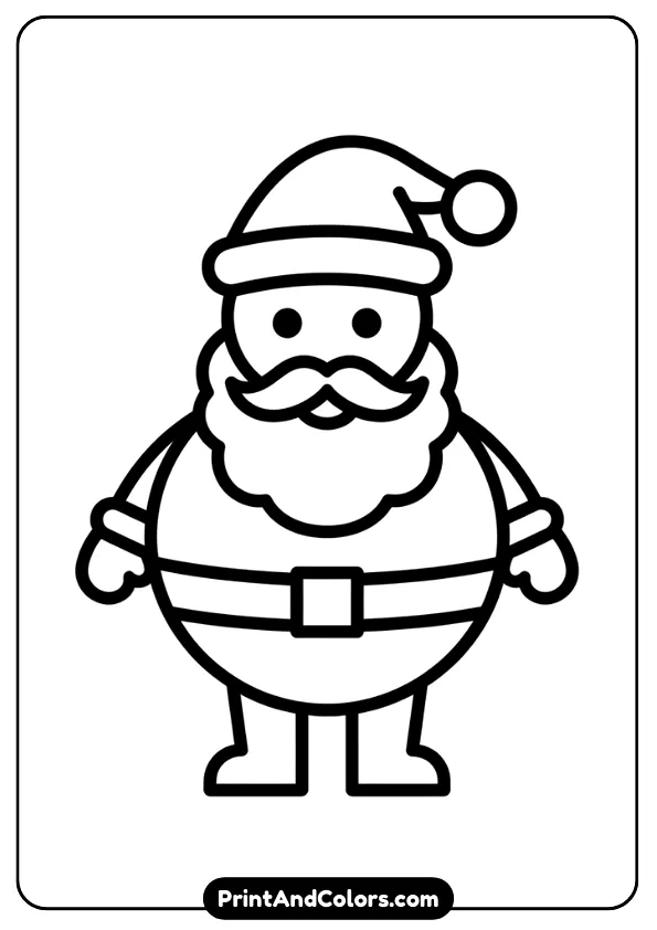 Very minimal Santa outline with thick, bold strokes and basic shapes. No complex details. Toddler-friendly