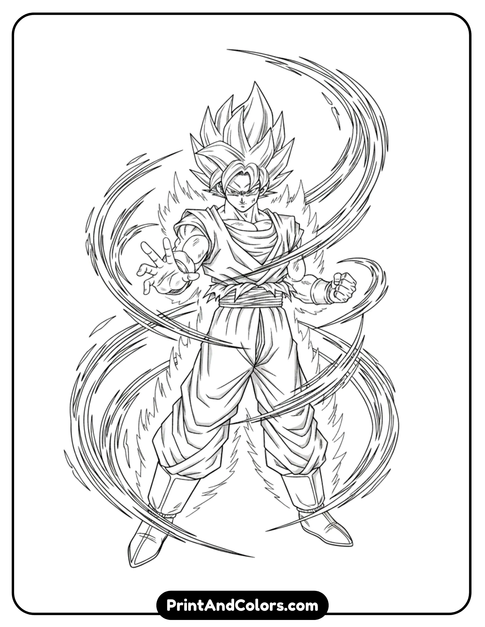 Illustrate Super Saiyan Blue Goku in a combat-ready stance with flowing aura lines and calm intensity. Clean black line art only, energy waves drawn with motion strokes.