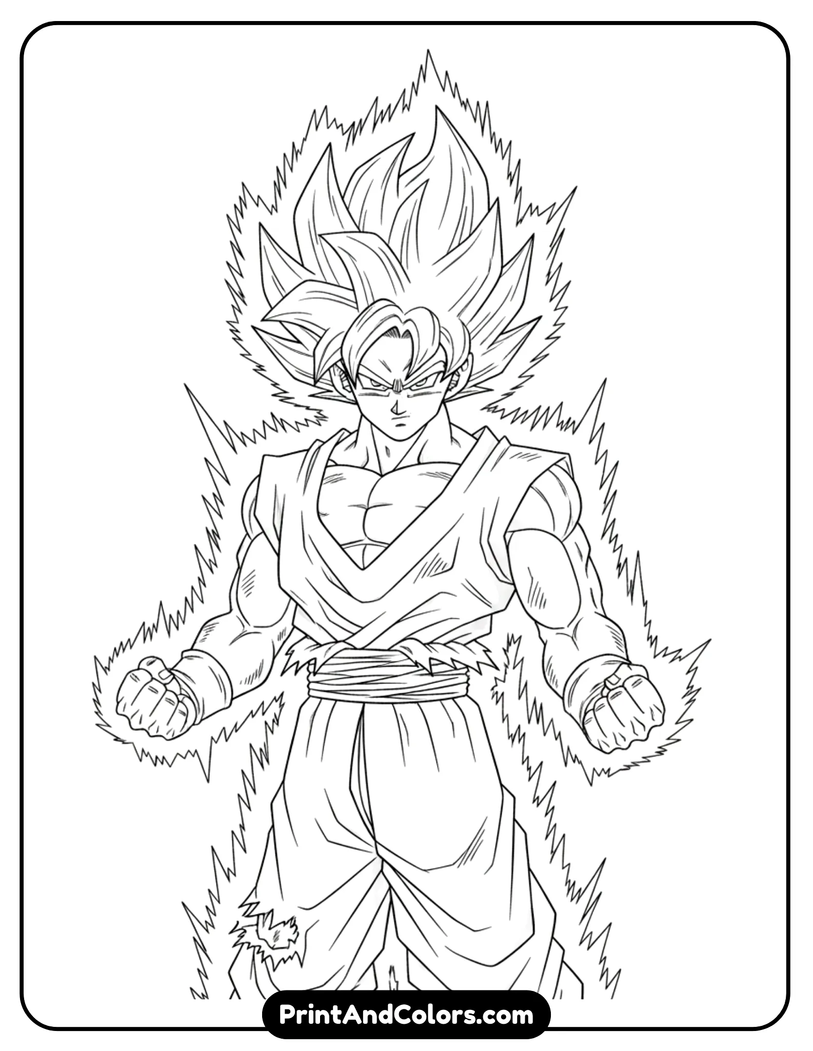 Draw Super Saiyan Goku standing confidently with spiky hair and glowing energy lines surrounding his body. His fists are clenched, eyes sharp. Bold black outlines, no shading.