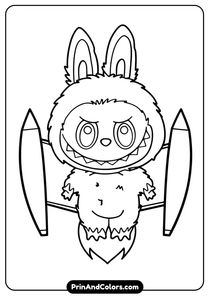 superhero version of Labubu with rocket wings flying in the sky, outlined in bold black lines for preschoolers’ coloring fun