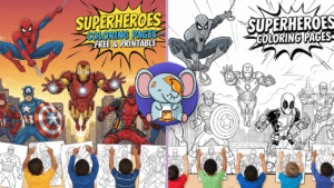Colorful superhero scene with Spider-Man, Iron Man, Captain America, Deadpool, and kids coloring superhero pages; comic-style title “Superheroes Coloring Pages – Free & Printable”