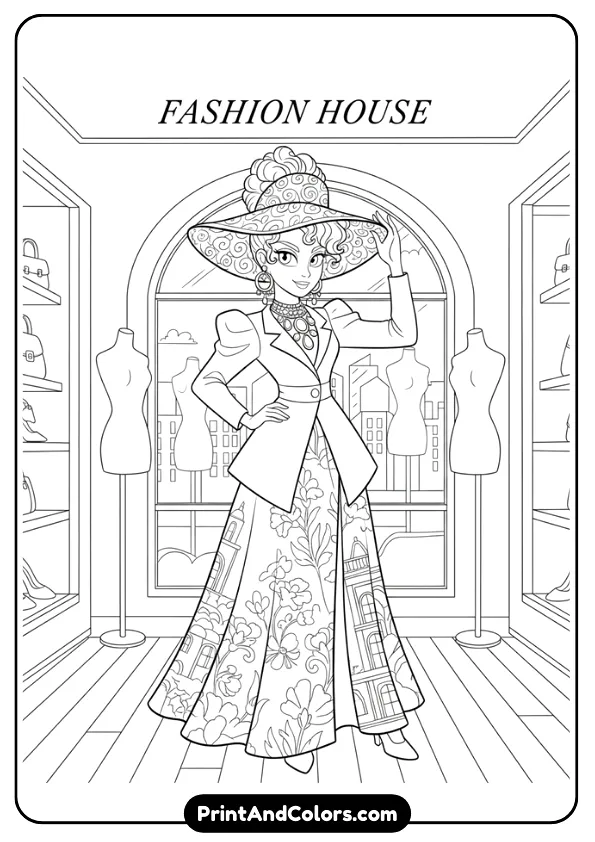 black and white line art coloring page of Suri Polomare with stylish pose and fashionable elements. Boutique-style background, clean outlines.