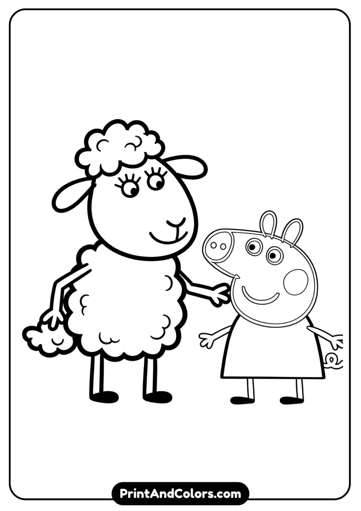Suzy Sheep standing and smiling next to Peppa Pig, both in friendly poses, outlined in simple cartoon line art.