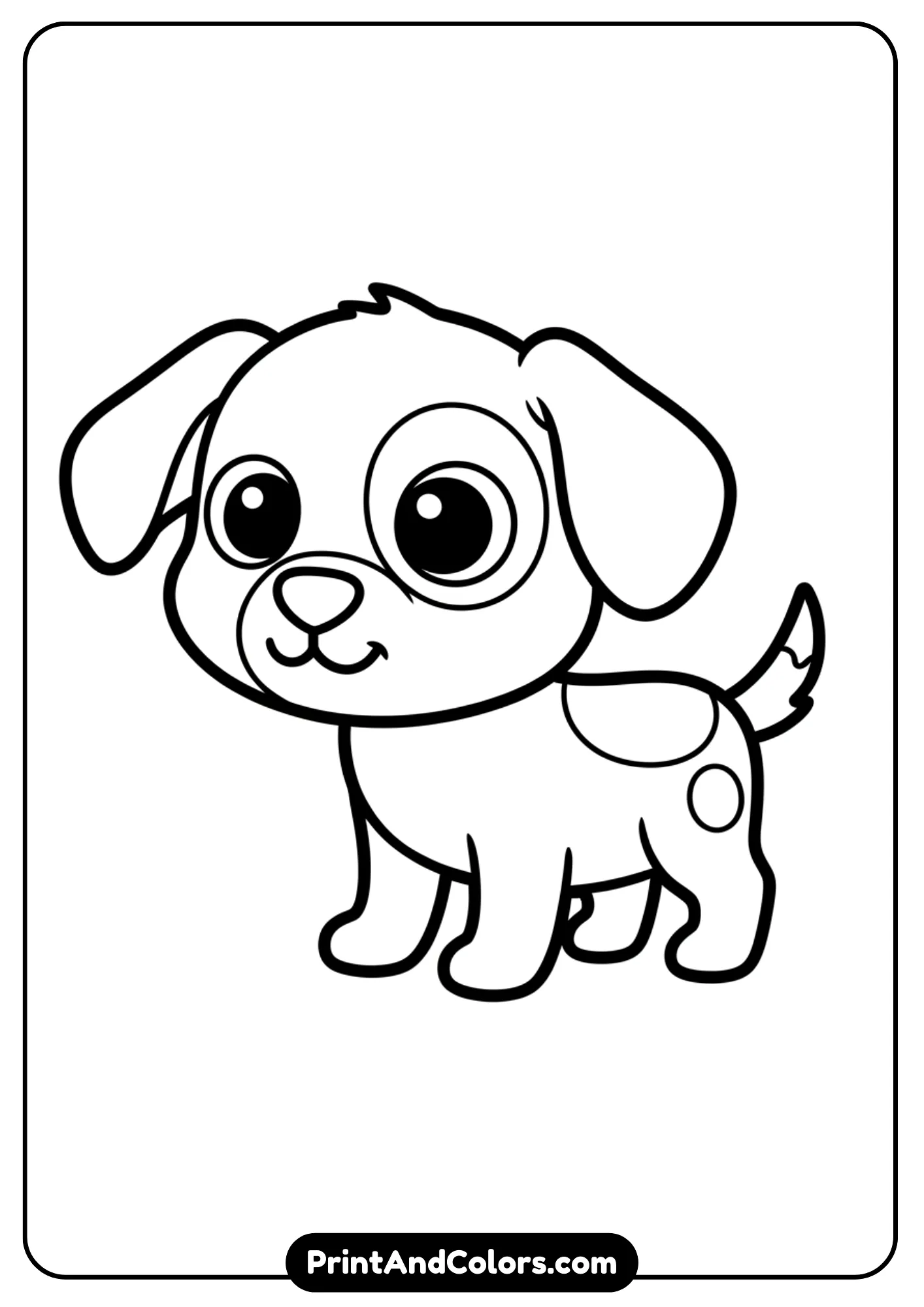 Simple cartoon-style puppy with big eyes and floppy ears, outlined in bold black and white lines. Kid-friendly coloring sheet.