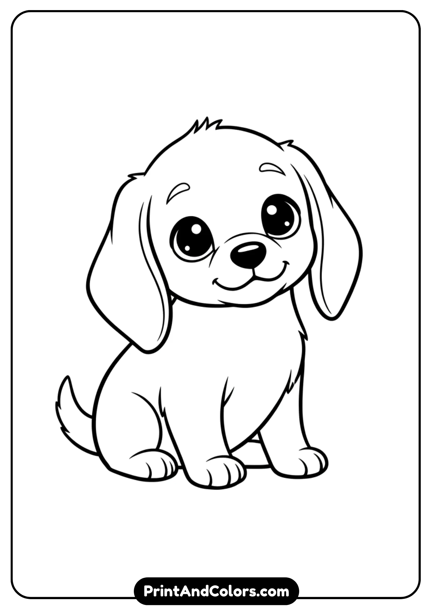 Outline art of a sweet puppy sitting calmly with big round eyes and floppy ears. Clean lines in black and white for coloring pages.